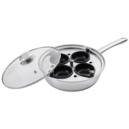 Egg Poacher Pan, 4-Cup Poached Egg Maker, Stainless Steel Poaching Pan and Frying Skillet, with 4 Nonsitck Detachable Large Cups, Lid, and Silicone Spatula, Compatible with Induction Stovetop