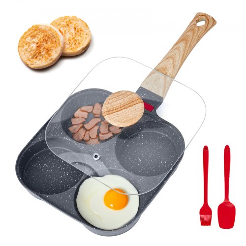 Egg Pan, 4-Cup Nonstick Egg Frying Pan, Aluminum Breakfast Omelette Skillet for Pancakes, Hamburgers, Sandwiches, with Lid, Oil Brush, Scraper, Compatible with Gas Stove & Induction Cookware