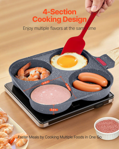 Egg Pan, 4-Cup Nonstick Egg Frying Pan, Aluminum Breakfast Omelette Skillet for Pancakes, Hamburgers, Sandwiches, with Lid, Oil Brush, Scraper, Compatible with Gas Stove & Induction Cookware