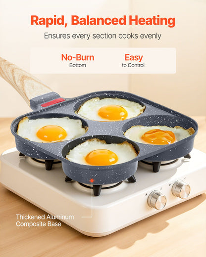 Egg Pan, 4-Cup Nonstick Egg Frying Pan, Aluminum Breakfast Omelette Skillet for Pancakes, Hamburgers, Sandwiches, with Lid, Oil Brush, Scraper, Compatible with Gas Stove & Induction Cookware