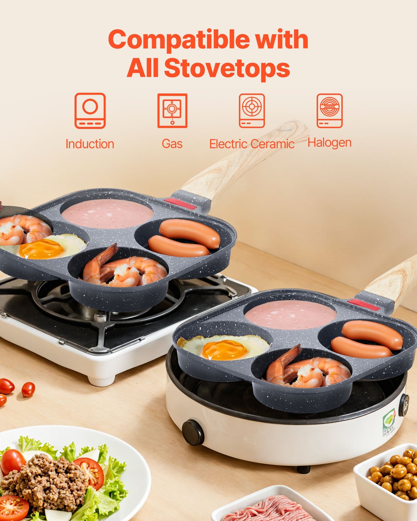 Egg Pan, 4-Cup Nonstick Egg Frying Pan, Aluminum Breakfast Omelette Skillet for Pancakes, Hamburgers, Sandwiches, with Lid, Oil Brush, Scraper, Compatible with Gas Stove & Induction Cookware