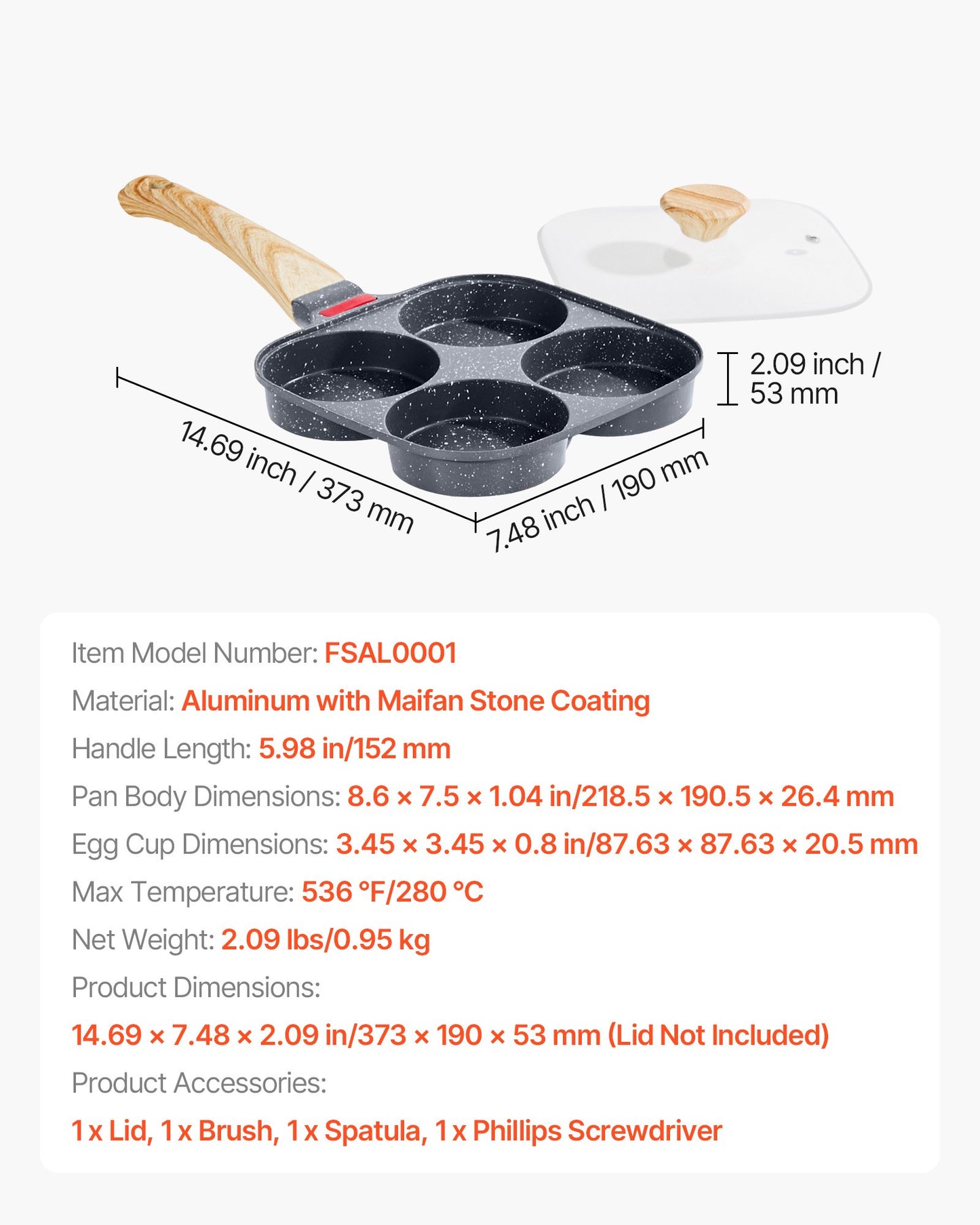 Egg Pan, 4-Cup Nonstick Egg Frying Pan, Aluminum Breakfast Omelette Skillet for Pancakes, Hamburgers, Sandwiches, with Lid, Oil Brush, Scraper, Compatible with Gas Stove & Induction Cookware