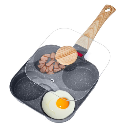 Egg Pan, 4-Cup Nonstick Egg Frying Pan, Aluminum Breakfast Omelette Skillet for Pancakes, Hamburgers, Sandwiches, with Lid, Oil Brush, Scraper, Compatible with Gas Stove & Induction Cookware