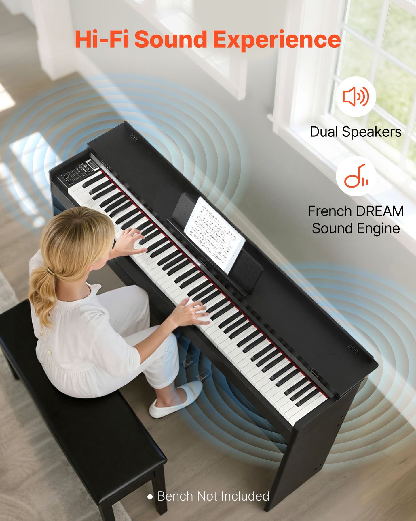 Weighted Digital Piano, 88 Keys Fully Weighted, Electric Piano Keyboard with Furniture Stand, Power Adapter, Triple Pedal, 680 Tones, Support Wireless Connection, with Headphones, for Beginners