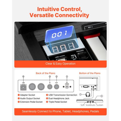 viktat digitalpiano, 88 tangenter fullt viktade, elektriskt pianokeyboard med möbelstativ, nätadapter, trippelpedal, 680 toner, stöd för trådlös anslutning, med hörlurar, för nybörjare |  EU