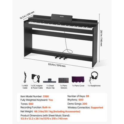 viktat digitalpiano, 88 tangenter fullt viktade, elektriskt pianokeyboard med möbelstativ, nätadapter, trippelpedal, 680 toner, stöd för trådlös anslutning, med hörlurar, för nybörjare |  EU