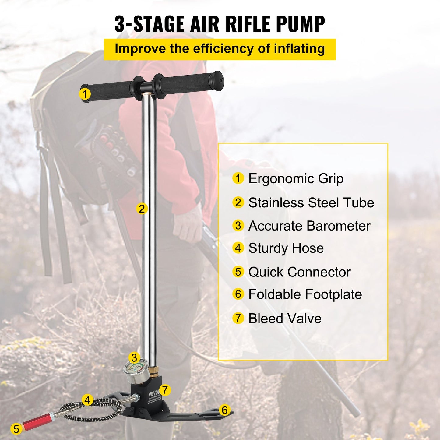 Airgun PCP Pump 4500PSI High Pressure Hand Pump 3 Stage Pump Chamber PCP Air Pump