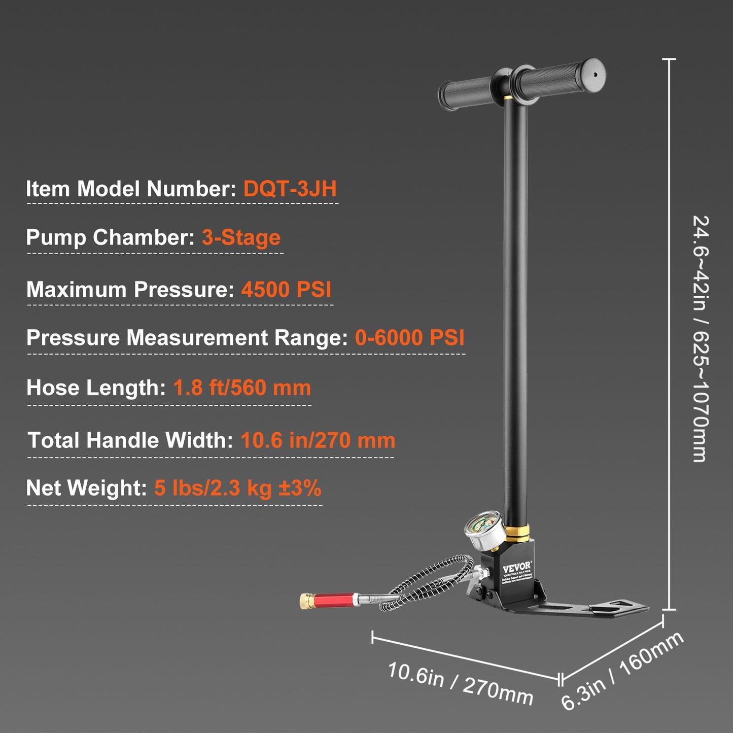 3-stegs handbygelpump med högkvalitativt 301 rostfritt stål, stigbygelpump 4500 psi (0-30 MPa), PCP-luftpistolgevär, pcp-pump med tryckmätområde: 0-5800 psi (0-40 MPa)
