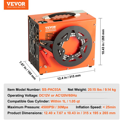 PCP-Luftkompressor, tragbarer PCP-Kompressor mit 4500 PSI/30 MPa und eingebautem Spannungswandler, Auto-Stopp | DC 12 V/AC 230 V | Öl- und wasserfreie Kompressorpumpe