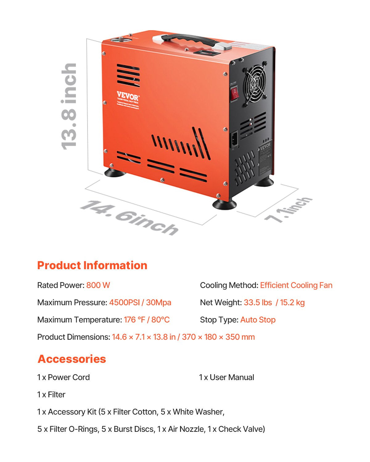 PCP Air Compressor, 800W Dual-Cylinder PCP Airgun Compressor 4500PSI/30Mpa with Built-in Fan Cooling System, Auto-Stop | Oil Free Paintball Tank Compressor for Air Rifle, Scuba Diving Bottle