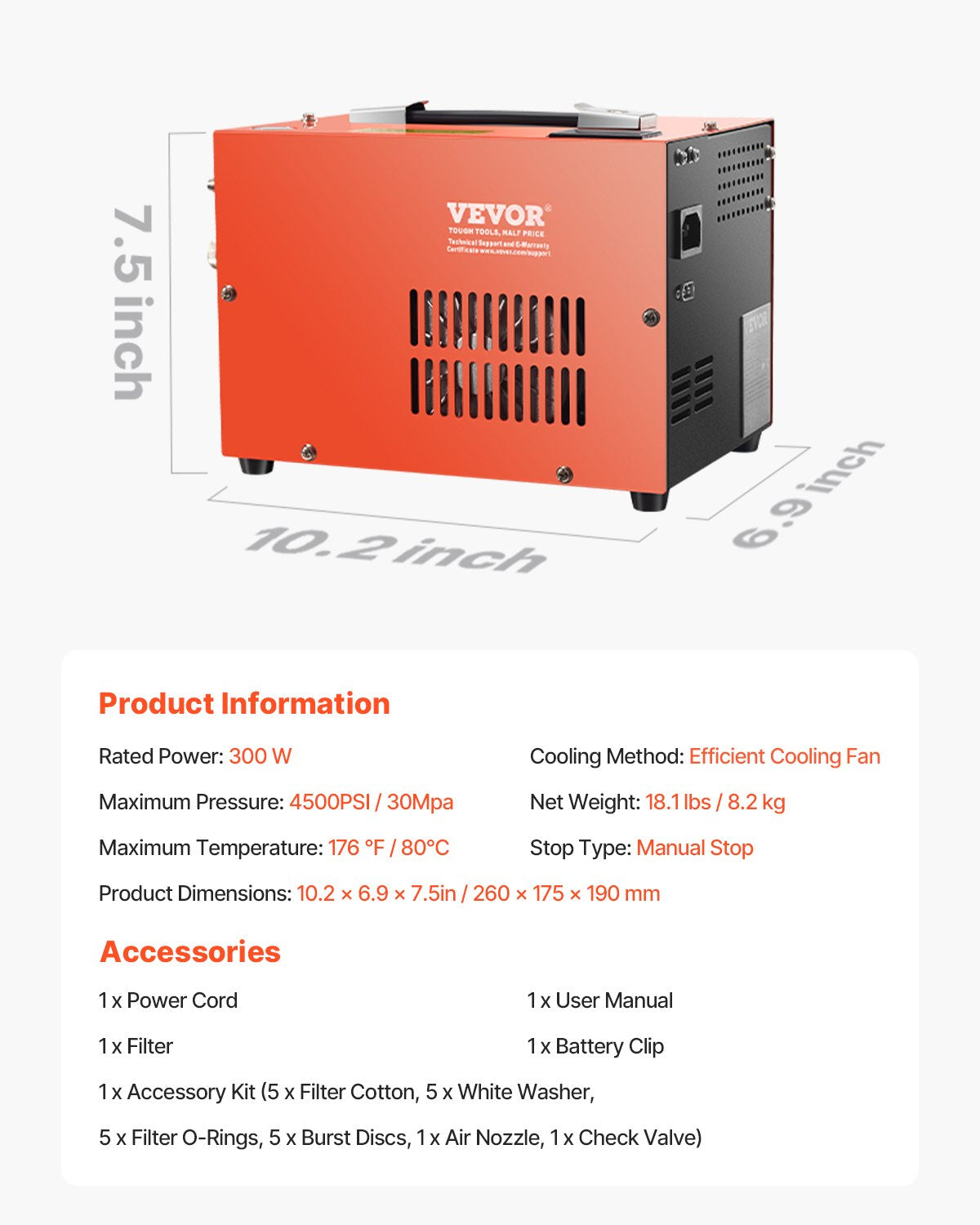 PCP Air Compressor, 4500PSI/30Mpa Portable PCP Airgun Compressor with Built-in Converter & Fan Cooling System, DC12V/AC120V Manual-Stop Air Rifle, Paintball and Scuba Tank Compressor Pump