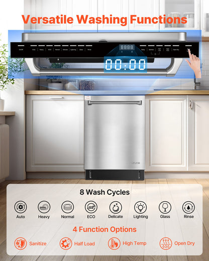 24 Inch Built-In Dishwasher, Stainless Steel Tub, 14 Place Settings and 8 Washing Programs, 23.82 x 25.2 x 33.78 Inch Low-Noise Dishwashing Machine with Upper / Lower Racks and Zoned Storage