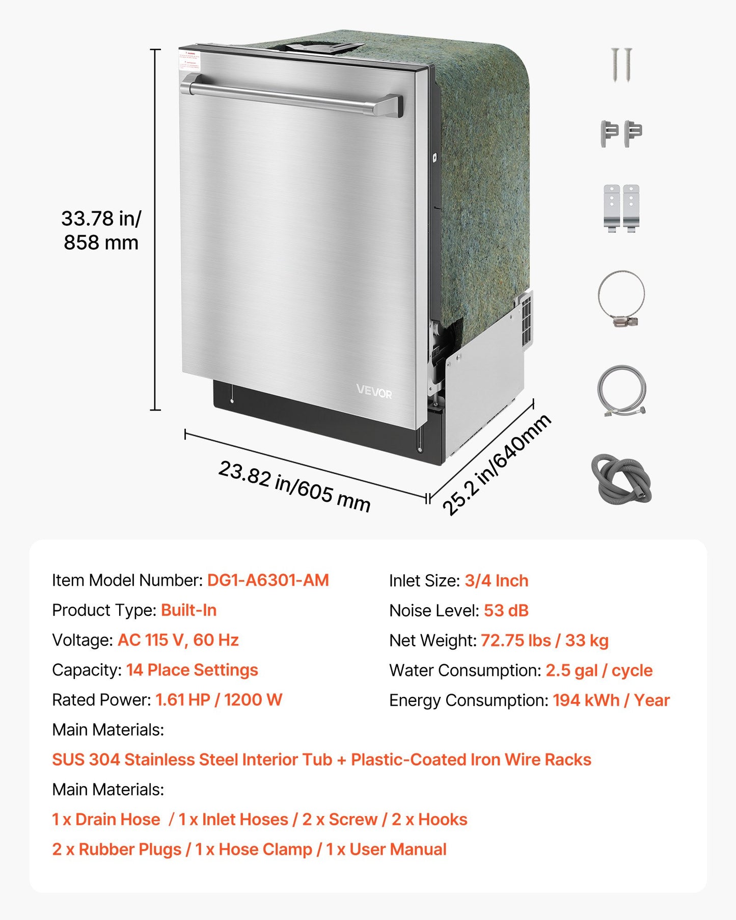 24 Inch Built-In Dishwasher, Stainless Steel Tub, 14 Place Settings and 8 Washing Programs, 23.82 x 25.2 x 33.78 Inch Low-Noise Dishwashing Machine with Upper / Lower Racks and Zoned Storage