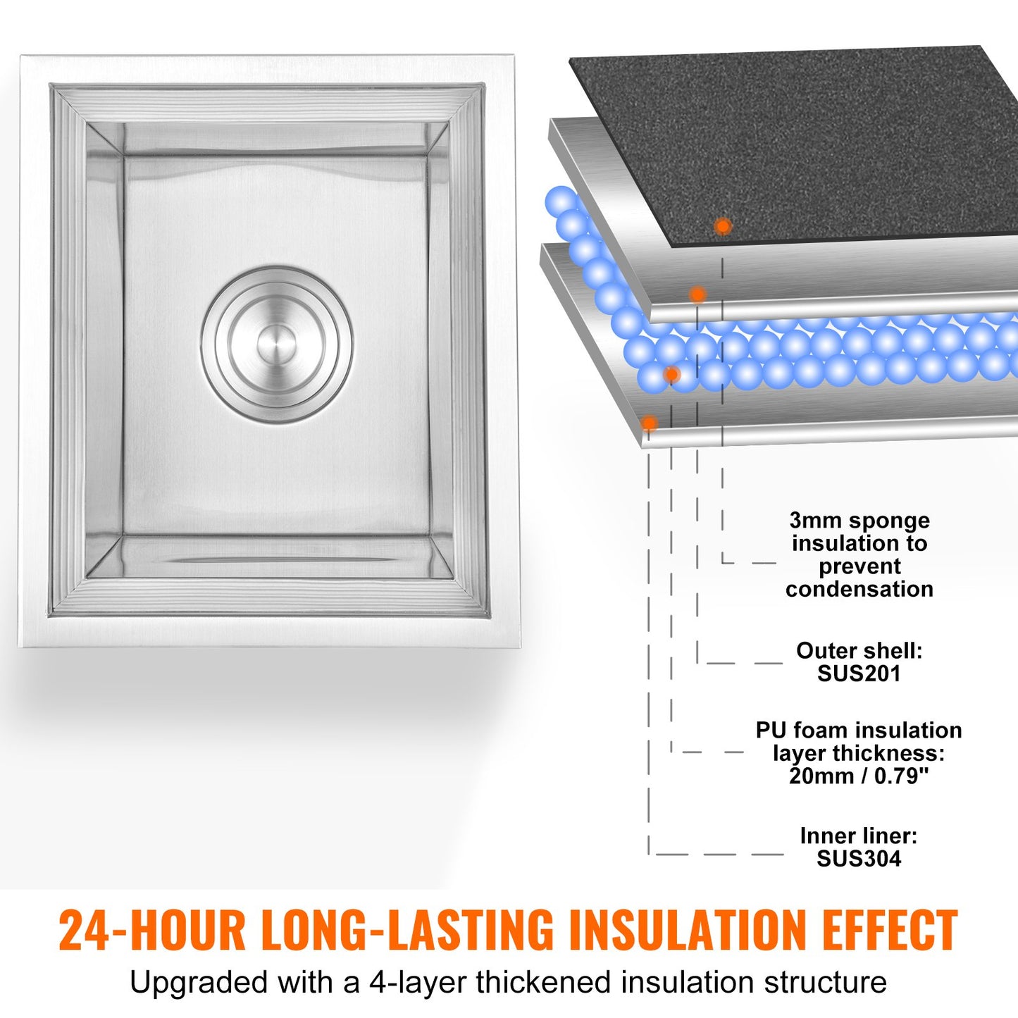 Drop in Ice Chest, 14"L x 12"W x 18"H Stainless Steel Ice Cooler, Commercial Ice Container with Lid, 40 qt Outdoor Kitchen Ice Bar, Drain Pipe and Drain Plug Included, for Cold Wine Beer