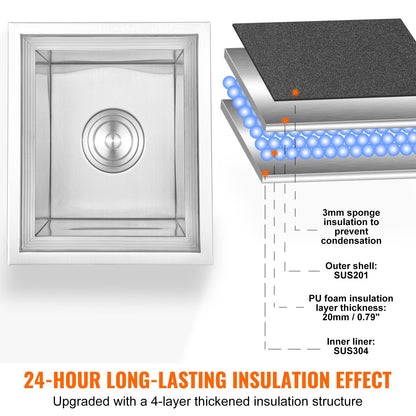 Drop in Ice Chest, 14"L x 12"W x 18"H Stainless Steel Ice Cooler, Commercial Ice Container with Lid, 40 qt Outdoor Kitchen Ice Bar, Drain Pipe and Drain Plug Included, for Cold Wine Beer