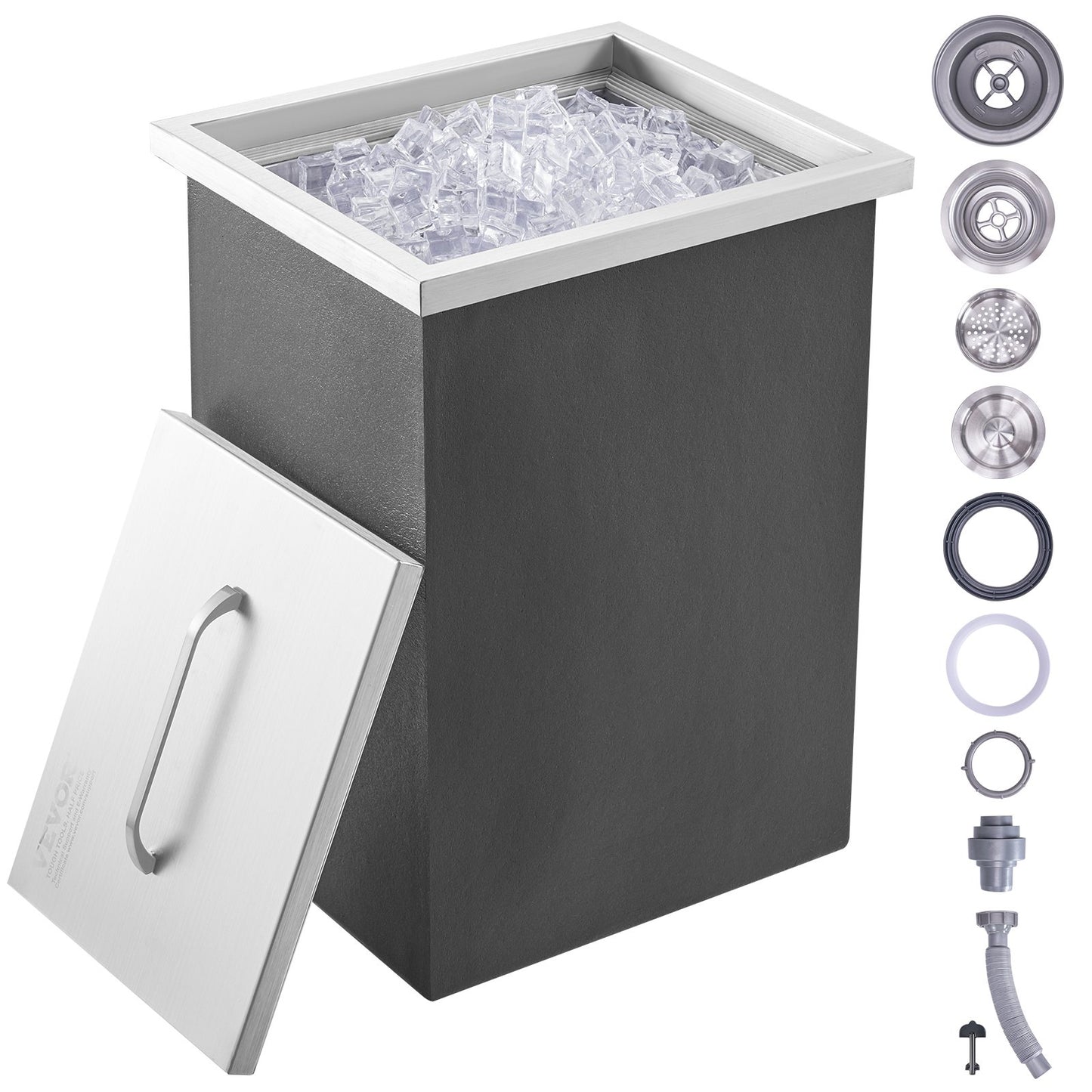 Drop in Ice Chest, 14"L x 12"W x 18"H Stainless Steel Ice Cooler, Commercial Ice Container with Lid, 40 qt Outdoor Kitchen Ice Bar, Drain Pipe and Drain Plug Included, for Cold Wine Beer