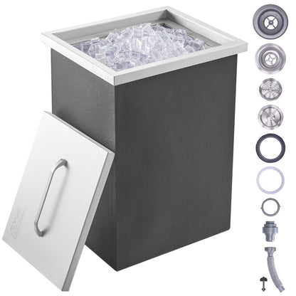 Drop in Ice Chest, 14"L x 12"W x 18"H Stainless Steel Ice Cooler, Commercial Ice Container with Lid, 40 qt Outdoor Kitchen Ice Bar, Drain Pipe and Drain Plug Included, for Cold Wine Beer