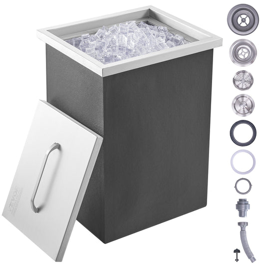 Drop in Ice Chest, 14"L x 12"W x 18"H Stainless Steel Ice Cooler, Commercial Ice Container with Lid, 40 qt Outdoor Kitchen Ice Bar, Drain Pipe and Drain Plug Included, for Cold Wine Beer