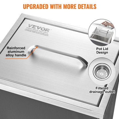 Drop in Ice Chest, 14"L x 12"W x 18"H Stainless Steel Ice Cooler, Commercial Ice Bin with Cover, 40 qt Outdoor Kitchen Ice Bar, Drain-pipe and Drain Plug Included, for Cold Wine Beer