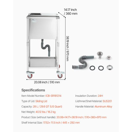 28L rolling cooler for outdoor use, standing ice box on wheels | EU