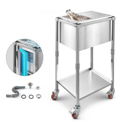 Rolling Ice Chest Cooler Cart, 20"L x 14"W x 38"H Stainless Steel Cooling Bin on Wheels, 29.6 Quart Outdoor Stand Up Cooler Trolley with Shelf, for Patio Backyard Party Bar Cold Drinks