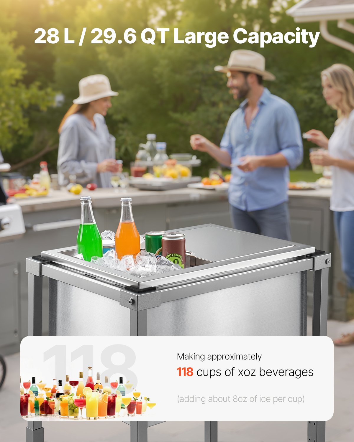 Rolling Ice Chest Cooler Cart, 20"L x 14"W x 38"H Stainless Steel Cooling Bin on Wheels, 29.6 Quart Outdoor Stand Up Cooler Trolley with Shelf, for Patio Backyard Party Bar Cold Drinks