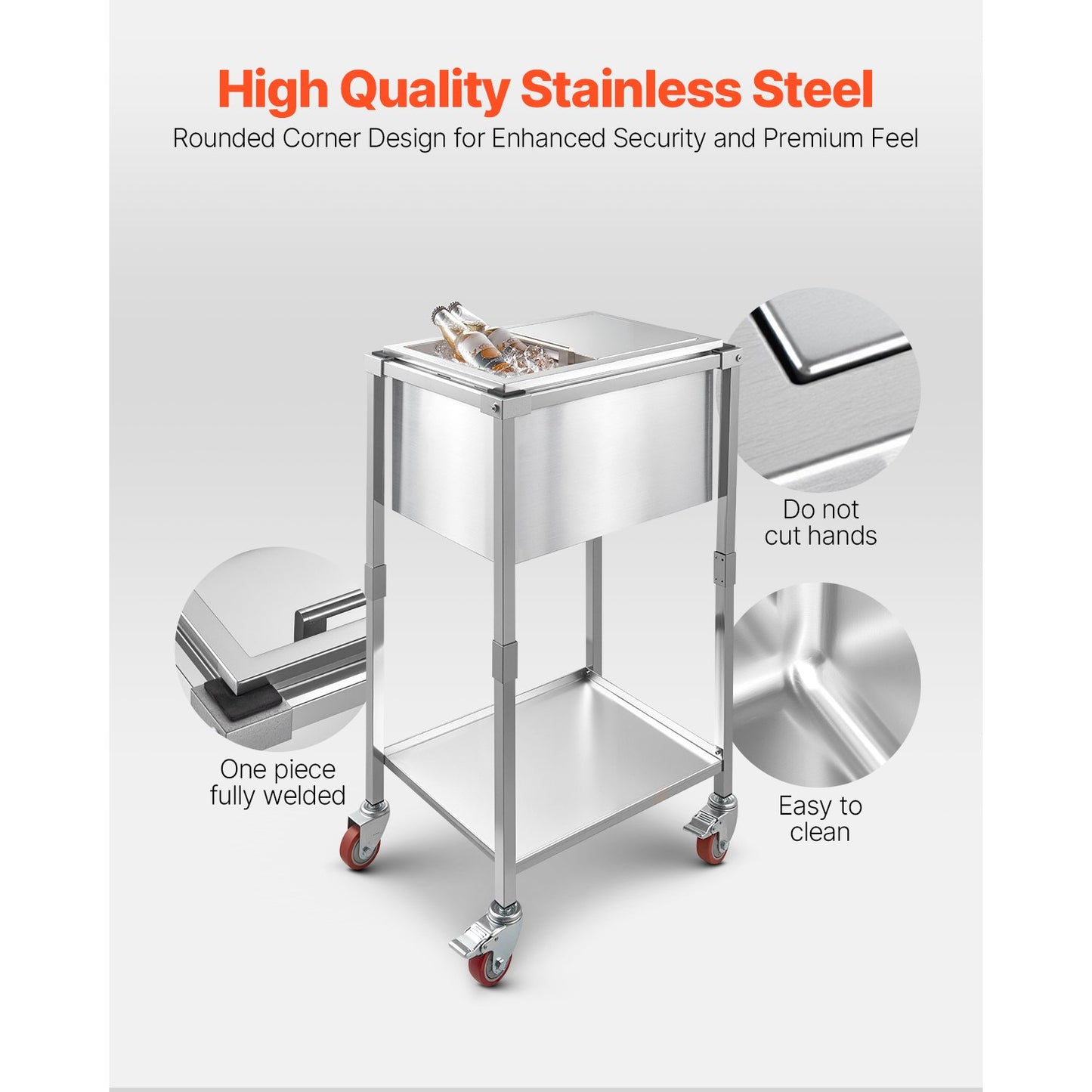 Rolling Ice Chest Cooler Cart, 20"L x 14"W x 38"H Stainless Steel Cooling Bin on Wheels, 29.6 Quart Outdoor Stand Up Cooler Trolley with Shelf, for Patio Backyard Party Bar Cold Drinks