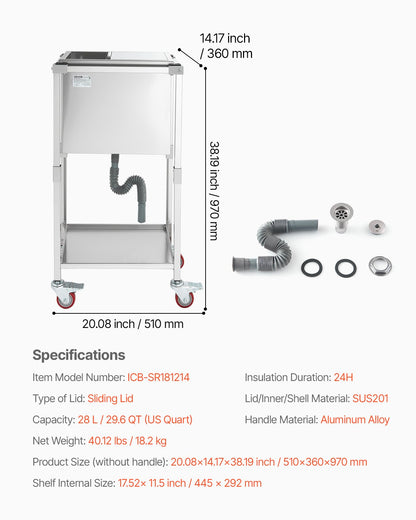 Rolling Ice Chest Cooler Cart, 20"L x 14"W x 38"H Stainless Steel Cooling Bin on Wheels, 29.6 Quart Outdoor Stand Up Cooler Trolley with Shelf, for Patio Backyard Party Bar Cold Drinks