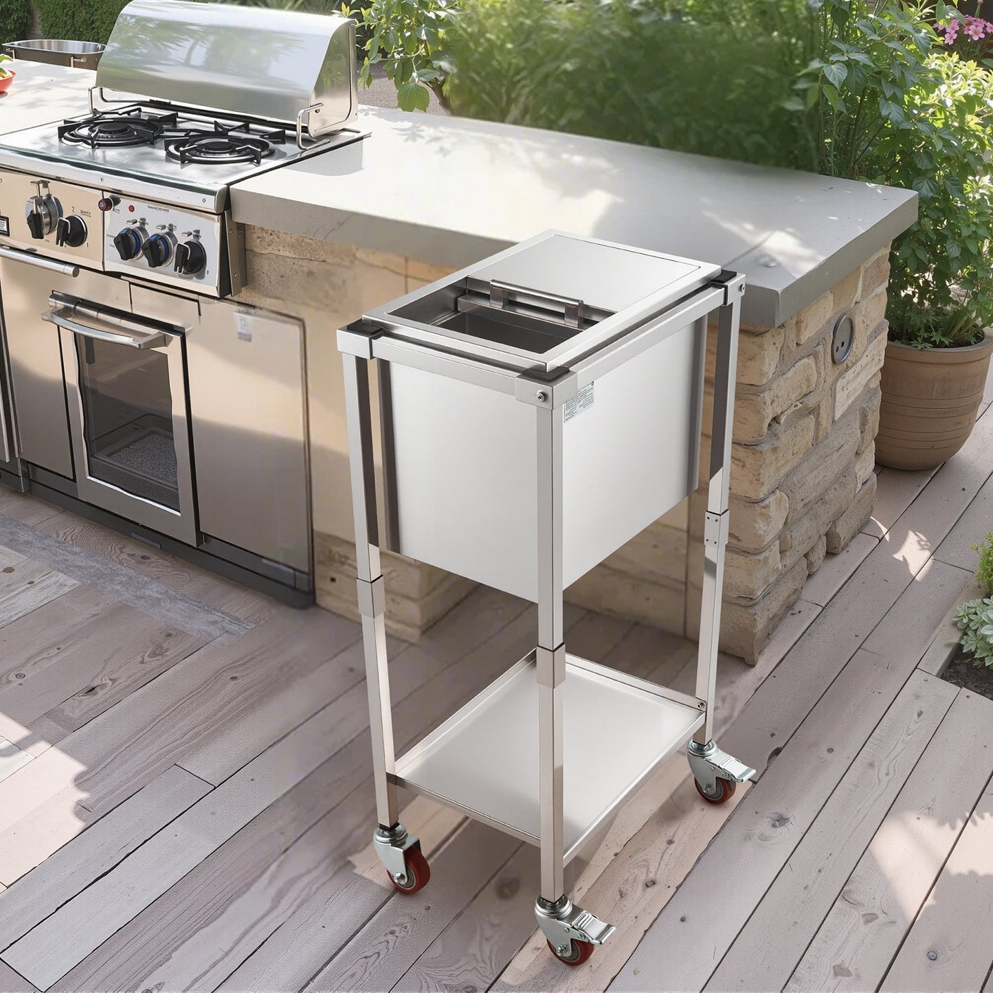 Rolling Ice Chest Cooler Cart, 20"L x 14"W x 38"H Stainless Steel Cooling Bin on Wheels, 29.6 Quart Outdoor Stand Up Cooler Trolley with Shelf, for Patio Backyard Party Bar Cold Drinks