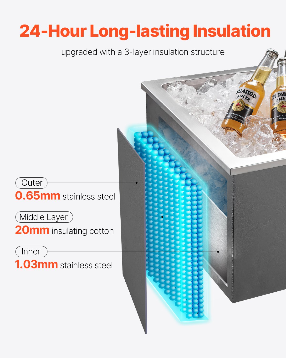 Drop in Ice Chest, 28"L x 20"W x 17"H Stainless Steel Drop in Cooler, 113.7 Quart Commercial Ice Bin with Flip Lid for Outdoor Kitchen Patio Bar, Drain-pipe Set Included, for Cold Wine Beer