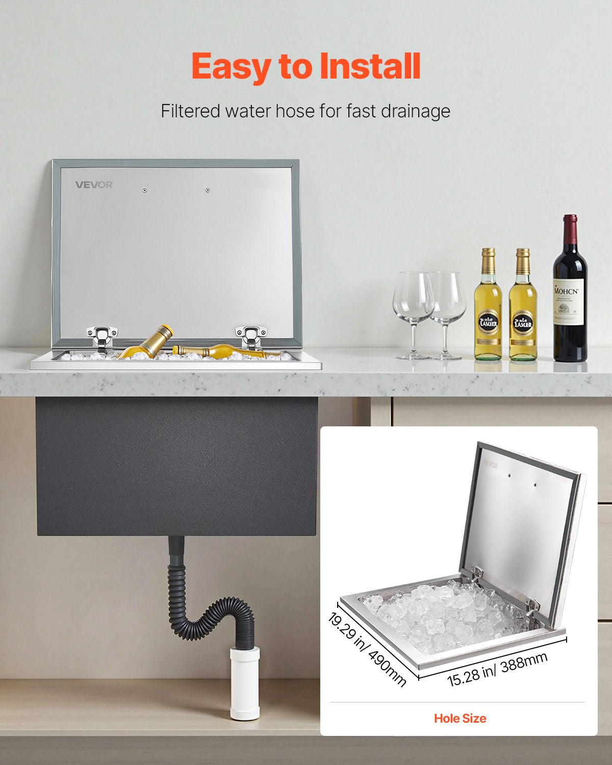 Drop in Ice Chest, 28"L x 20"W x 17"H Stainless Steel Drop in Cooler, 113.7 Quart Commercial Ice Bin with Flip Lid for Outdoor Kitchen Patio Bar, Drain-pipe Set Included, for Cold Wine Beer