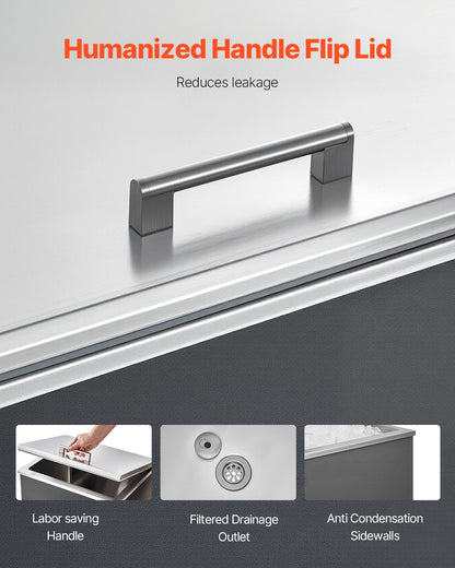 Drop in Ice Chest, 28"L x 20"W x 17"H Stainless Steel Drop in Cooler, 113.7 Quart Commercial Ice Bin with Flip Lid for Outdoor Kitchen Patio Bar, Drain-pipe Set Included, for Cold Wine Beer