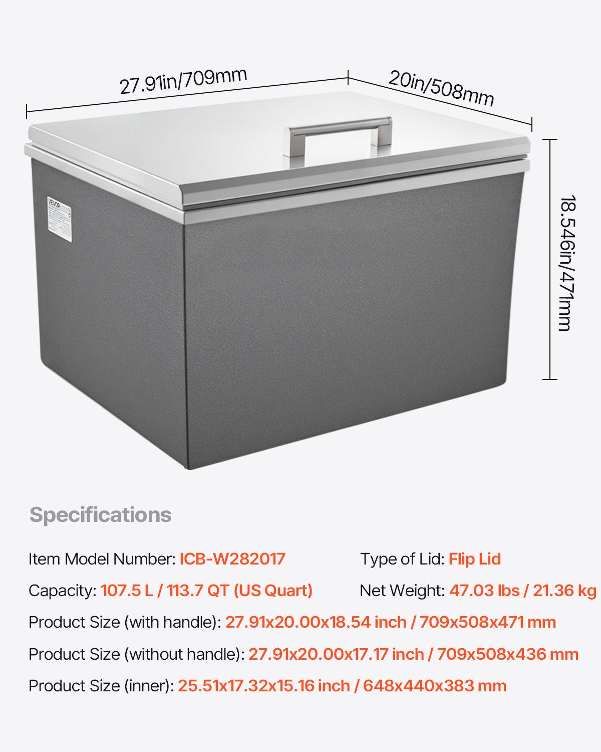 Drop in Ice Chest, 28"L x 20"W x 17"H Stainless Steel Drop in Cooler, 113.7 Quart Commercial Ice Bin with Flip Lid for Outdoor Kitchen Patio Bar, Drain-pipe Set Included, for Cold Wine Beer