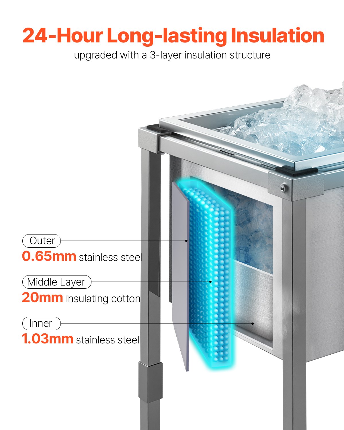 Rolling Ice Chest Cooler Cart, 22"L x 16"W x 38"H Stainless Steel Cooling Bin on Wheels, 32.8 Quart Outdoor Stand Up Cooler Trolley with Shelf, for Patio Backyard Party Bar Cold Drinks