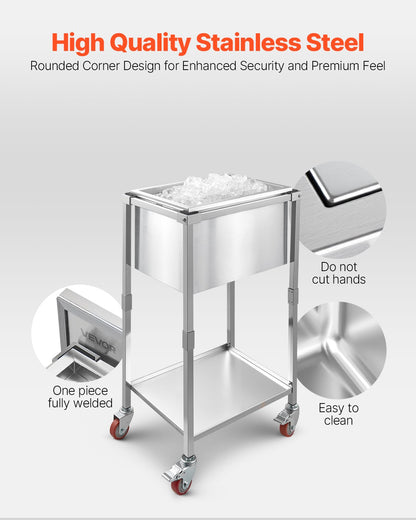 Rolling Ice Chest Cooler Cart, 22"L x 16"W x 38"H Stainless Steel Cooling Bin on Wheels, 32.8 Quart Outdoor Stand Up Cooler Trolley with Shelf, for Patio Backyard Party Bar Cold Drinks
