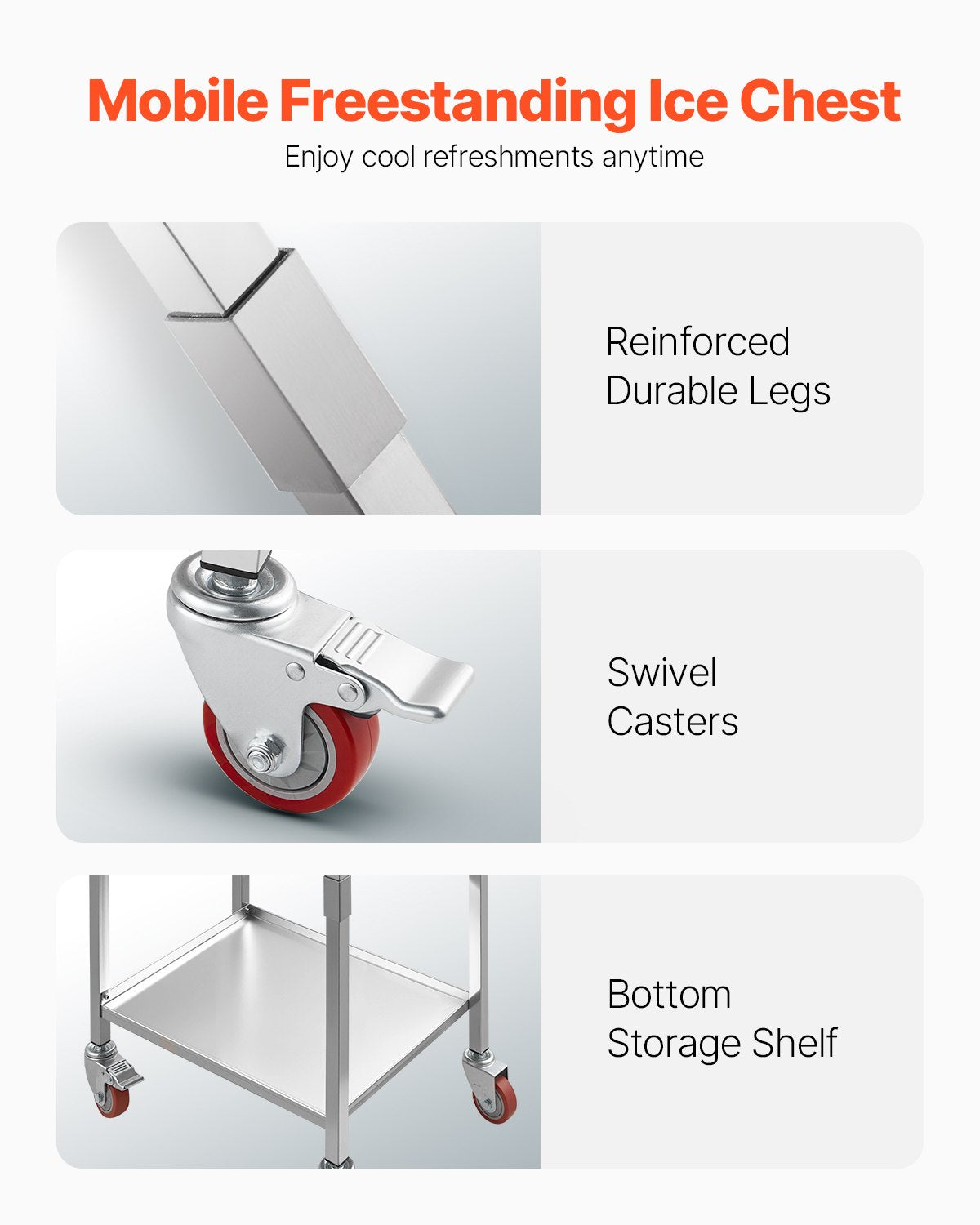 Rolling Ice Chest Cooler Cart, 22"L x 16"W x 38"H Stainless Steel Cooling Bin on Wheels, 32.8 Quart Outdoor Stand Up Cooler Trolley with Shelf, for Patio Backyard Party Bar Cold Drinks