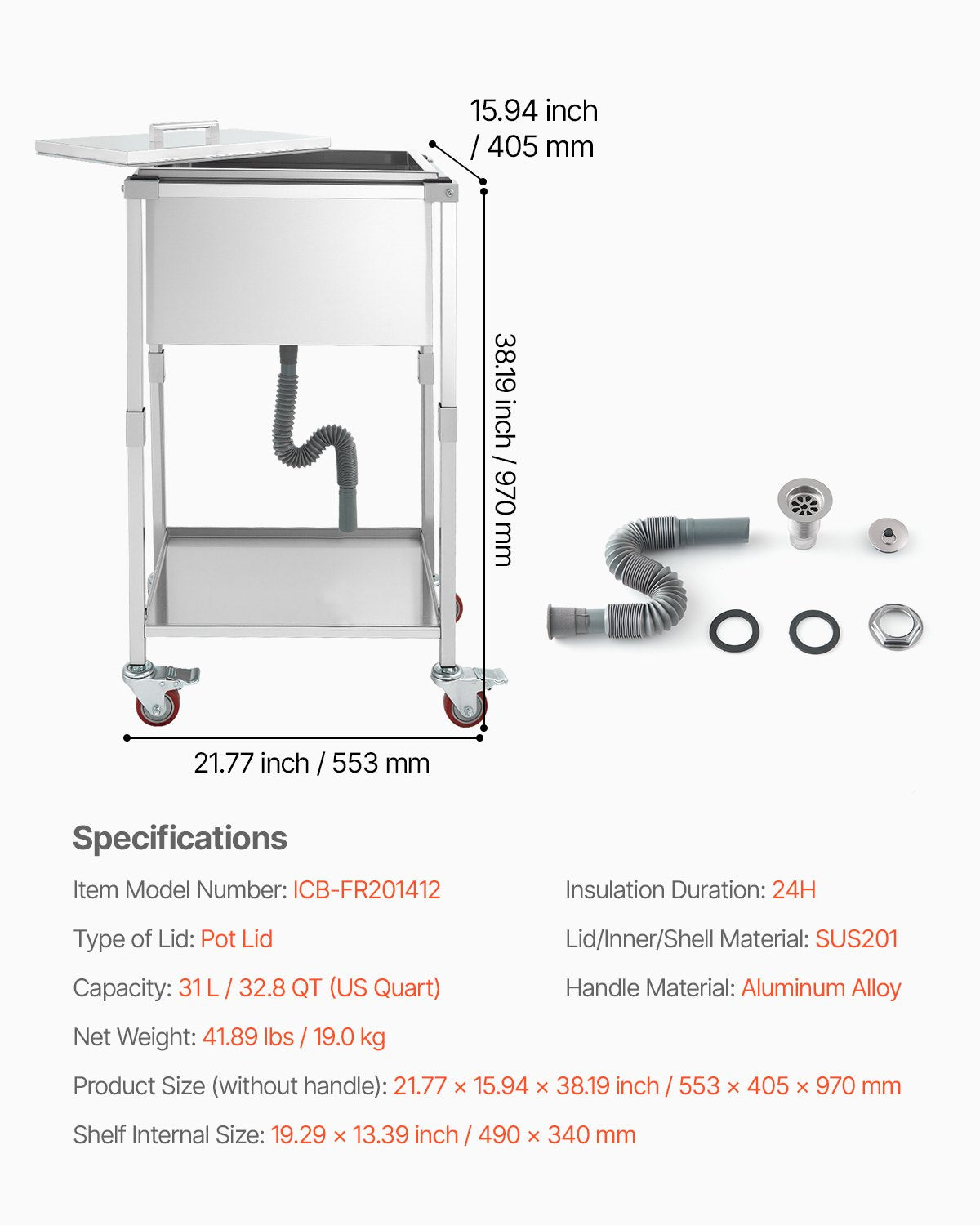 Rolling Ice Chest Cooler Cart, 22"L x 16"W x 38"H Stainless Steel Cooling Bin on Wheels, 32.8 Quart Outdoor Stand Up Cooler Trolley with Shelf, for Patio Backyard Party Bar Cold Drinks