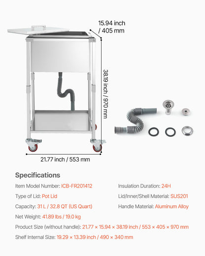 Rolling Ice Chest Cooler Cart, 22"L x 16"W x 38"H Stainless Steel Cooling Bin on Wheels, 32.8 Quart Outdoor Stand Up Cooler Trolley with Shelf, for Patio Backyard Party Bar Cold Drinks