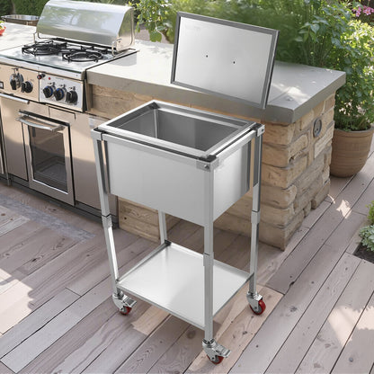 Rolling Ice Chest Cooler Cart, 22"L x 16"W x 38"H Stainless Steel Cooling Bin on Wheels, 32.8 Quart Outdoor Stand Up Cooler Trolley with Shelf, for Patio Backyard Party Bar Cold Drinks