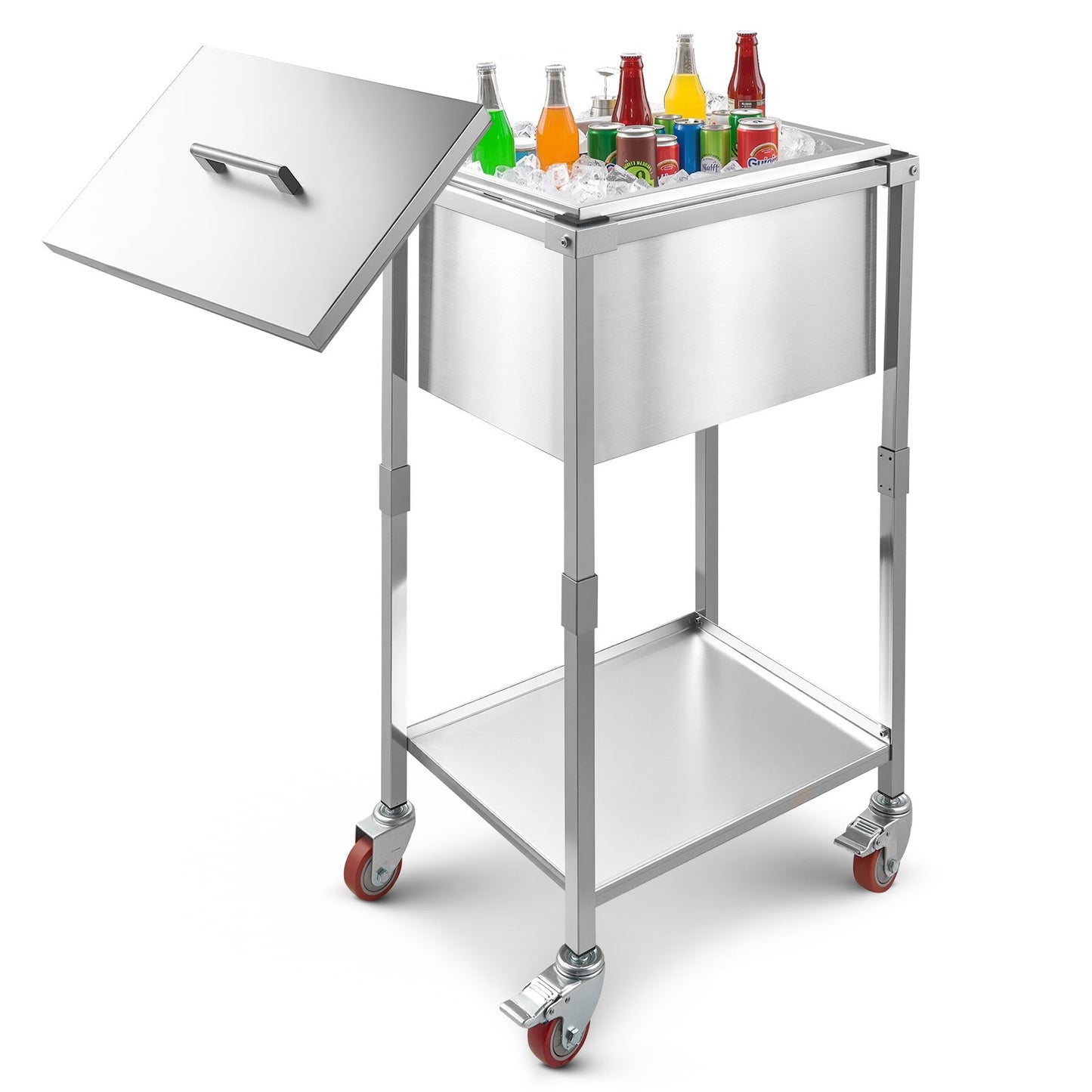Rolling Ice Chest Cooler Cart, 22"L x 16"W x 38"H Stainless Steel Cooling Bin on Wheels, 32.8 Quart Outdoor Stand Up Cooler Trolley with Shelf, for Patio Backyard Party Bar Cold Drinks