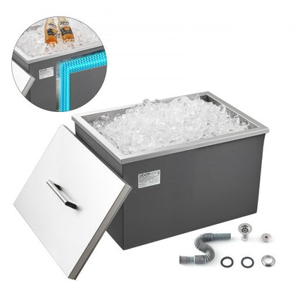 Drop in Ice Chest, 20"L x 14"W x 12"H Stainless Steel Drop in Cooler, 31.7 Quart Commercial Ice Bin with Pot Lid for Outdoor Kitchen Patio Bar, Drain-pipe Set Included, for Cold Wine Beer