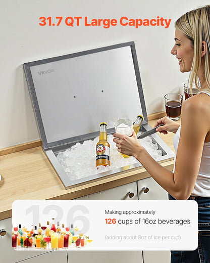 Drop in Ice Chest, 20"L x 14"W x 12"H Stainless Steel Drop in Cooler, 31.7 Quart Commercial Ice Bin with Pot Lid for Outdoor Kitchen Patio Bar, Drain-pipe Set Included, for Cold Wine Beer