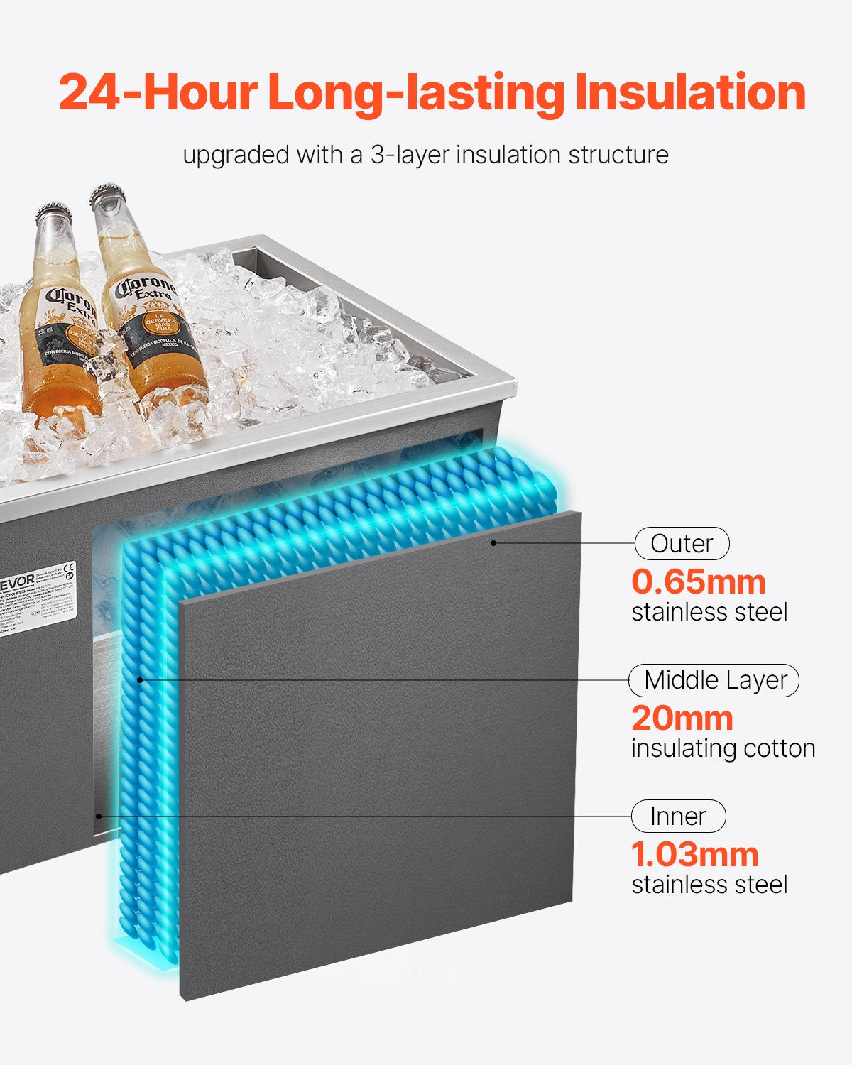 Drop in Ice Chest, 20"L x 14"W x 12"H Stainless Steel Drop in Cooler, 31.7 Quart Commercial Ice Bin with Pot Lid for Outdoor Kitchen Patio Bar, Drain-pipe Set Included, for Cold Wine Beer