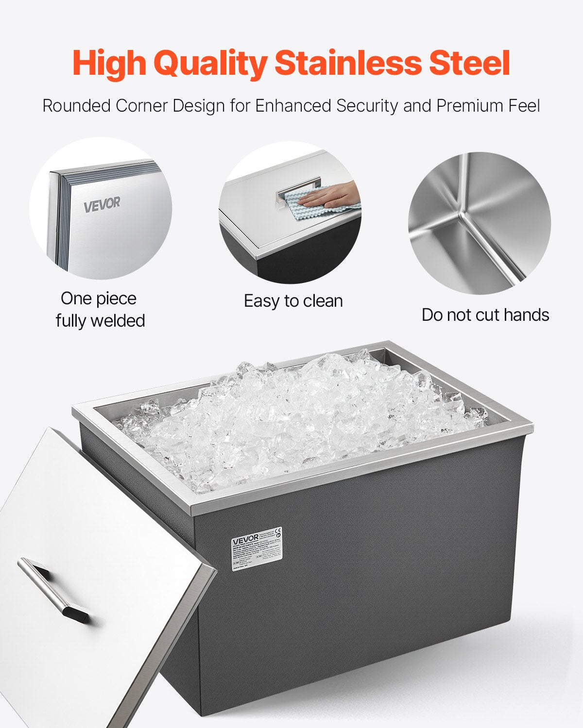Drop in Ice Chest, 20"L x 14"W x 12"H Stainless Steel Drop in Cooler, 31.7 Quart Commercial Ice Bin with Pot Lid for Outdoor Kitchen Patio Bar, Drain-pipe Set Included, for Cold Wine Beer