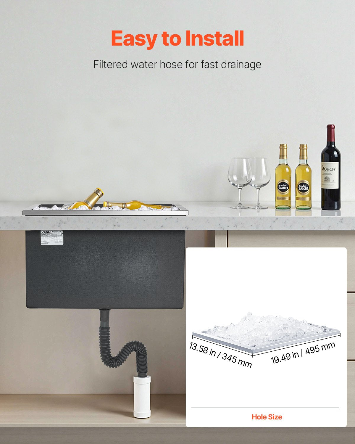 Drop in Ice Chest, 20"L x 14"W x 12"H Stainless Steel Drop in Cooler, 31.7 Quart Commercial Ice Bin with Pot Lid for Outdoor Kitchen Patio Bar, Drain-pipe Set Included, for Cold Wine Beer