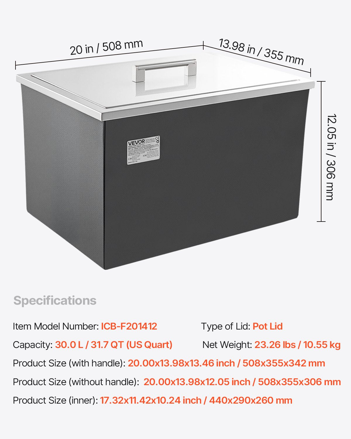 Drop in Ice Chest, 20"L x 14"W x 12"H Stainless Steel Drop in Cooler, 31.7 Quart Commercial Ice Bin with Pot Lid for Outdoor Kitchen Patio Bar, Drain-pipe Set Included, for Cold Wine Beer