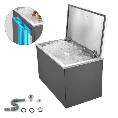 Drop in Ice Chest, 28"L x 16"W x 17"H Stainless Steel Drop in Cooler, 87.6 Quart Commercial Ice Bin with Flip Lid for Outdoor Kitchen Patio Bar, Drain-pipe Set Included, for Cold Wine Beer