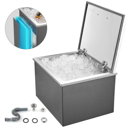 Drop in Ice Chest, 20"L x 16"W x 13"H Stainless Steel Drop in Cooler, 44.7 Quart Commercial Ice Bin with Flip Lid for Outdoor Kitchen Patio Bar, Drain-pipe Set Included, for Cold Wine Beer