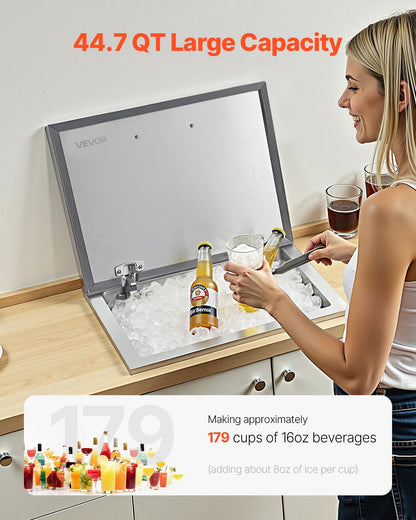 Drop in Ice Chest, 20"L x 16"W x 13"H Stainless Steel Drop in Cooler, 44.7 Quart Commercial Ice Bin with Flip Lid for Outdoor Kitchen Patio Bar, Drain-pipe Set Included, for Cold Wine Beer