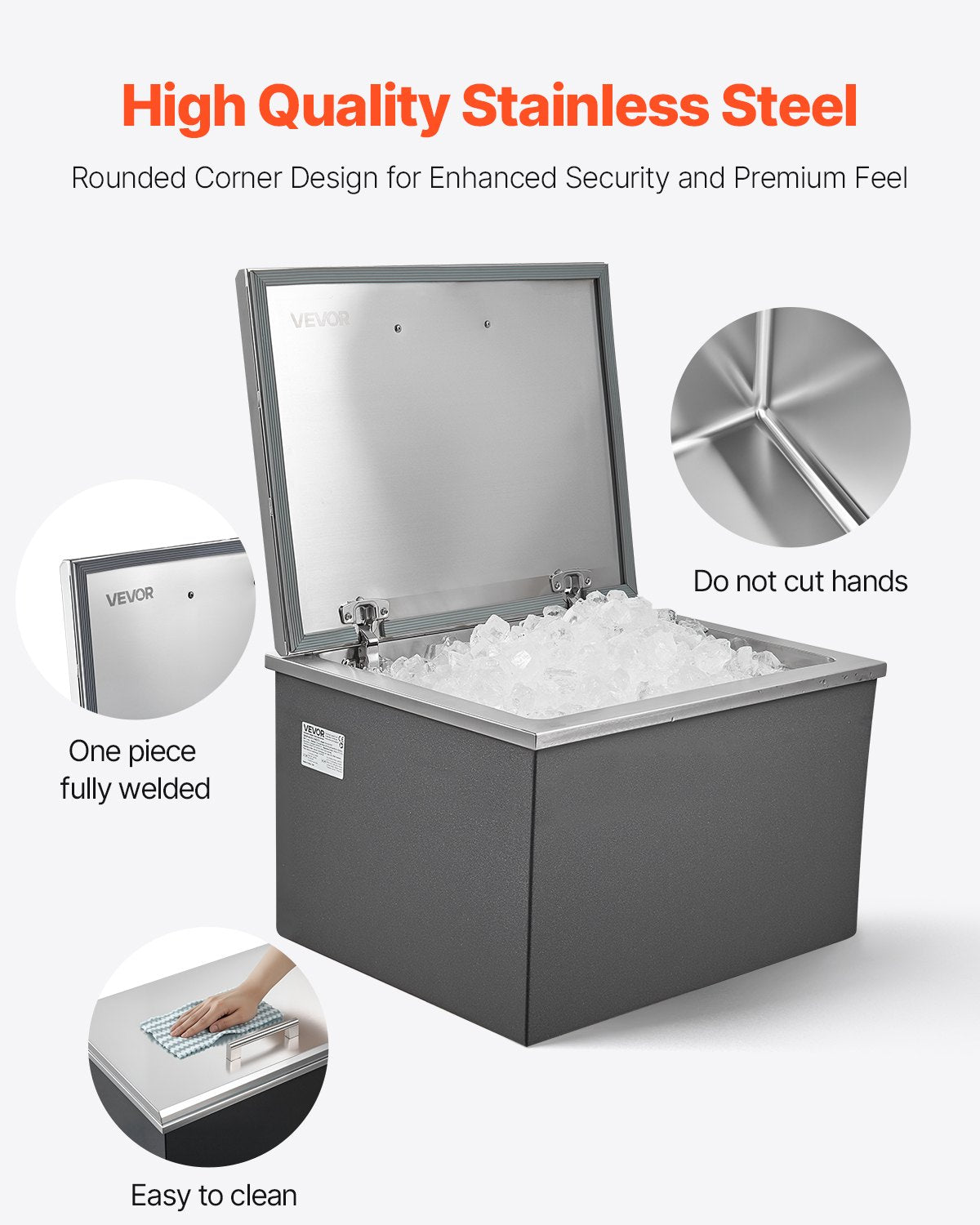 Drop in Ice Chest, 20"L x 16"W x 13"H Stainless Steel Drop in Cooler, 44.7 Quart Commercial Ice Bin with Flip Lid for Outdoor Kitchen Patio Bar, Drain-pipe Set Included, for Cold Wine Beer